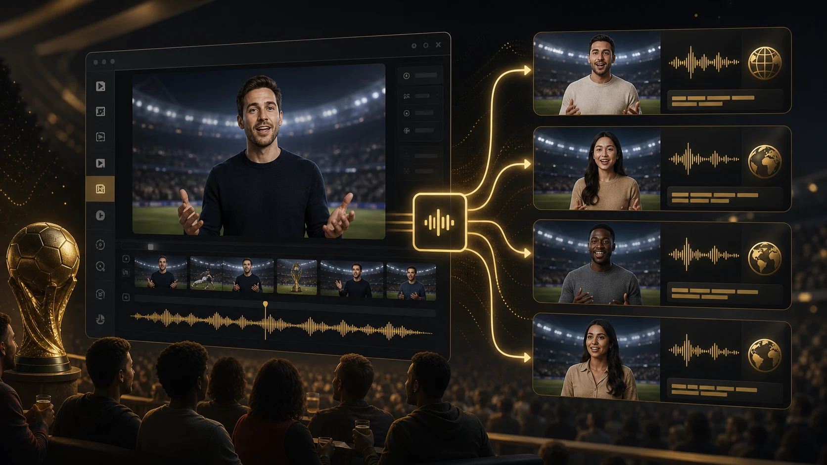 Videos multilingues da Copa com dublagem IA: fluxo para criadores