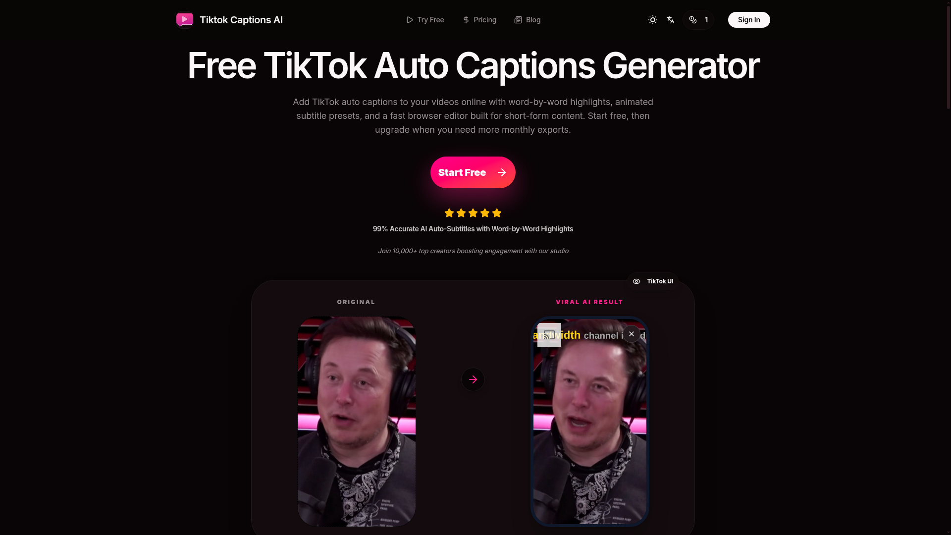 TikTokCaptions.io website screenshot