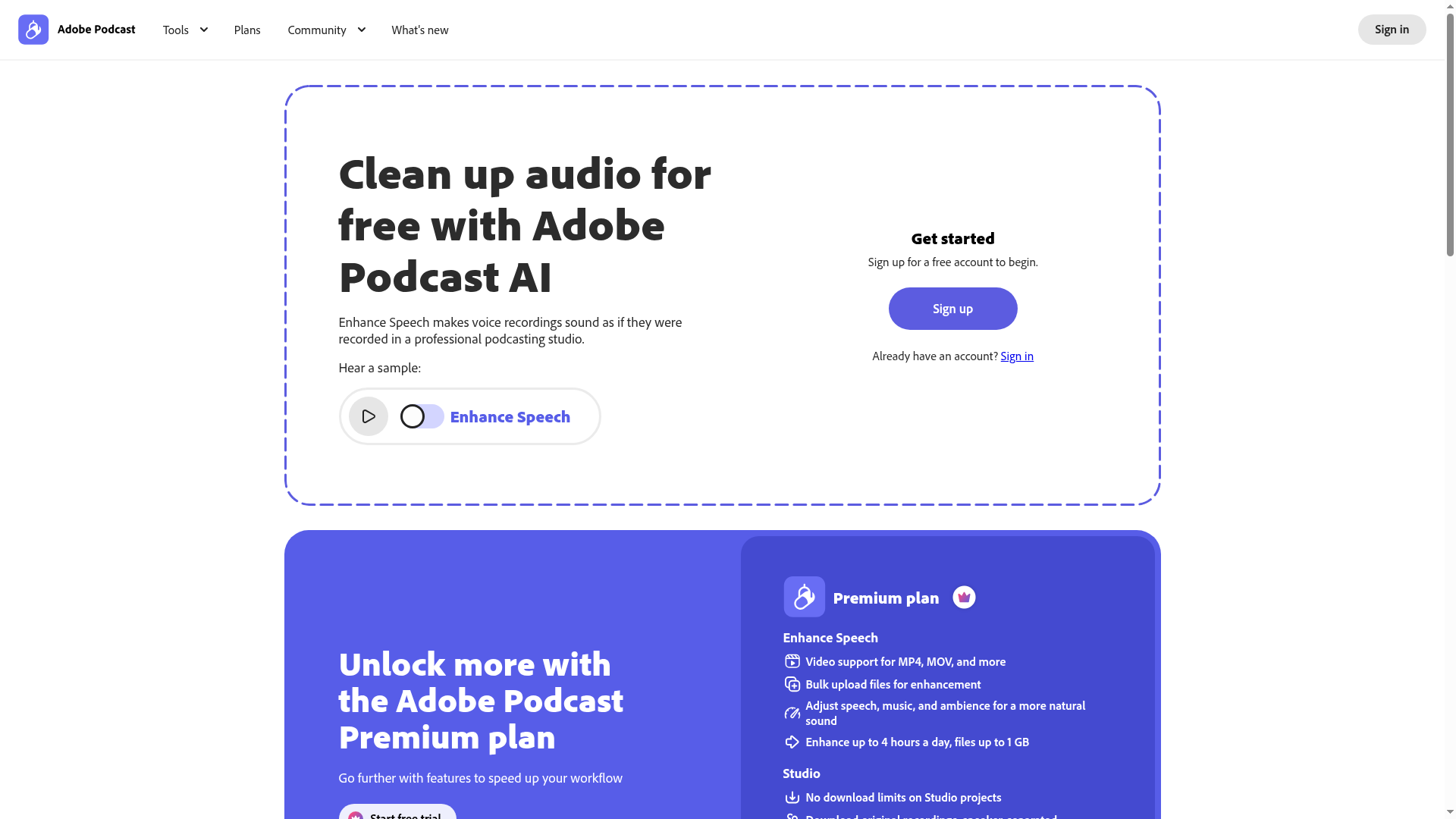 Adobe Podcast AI website screenshot