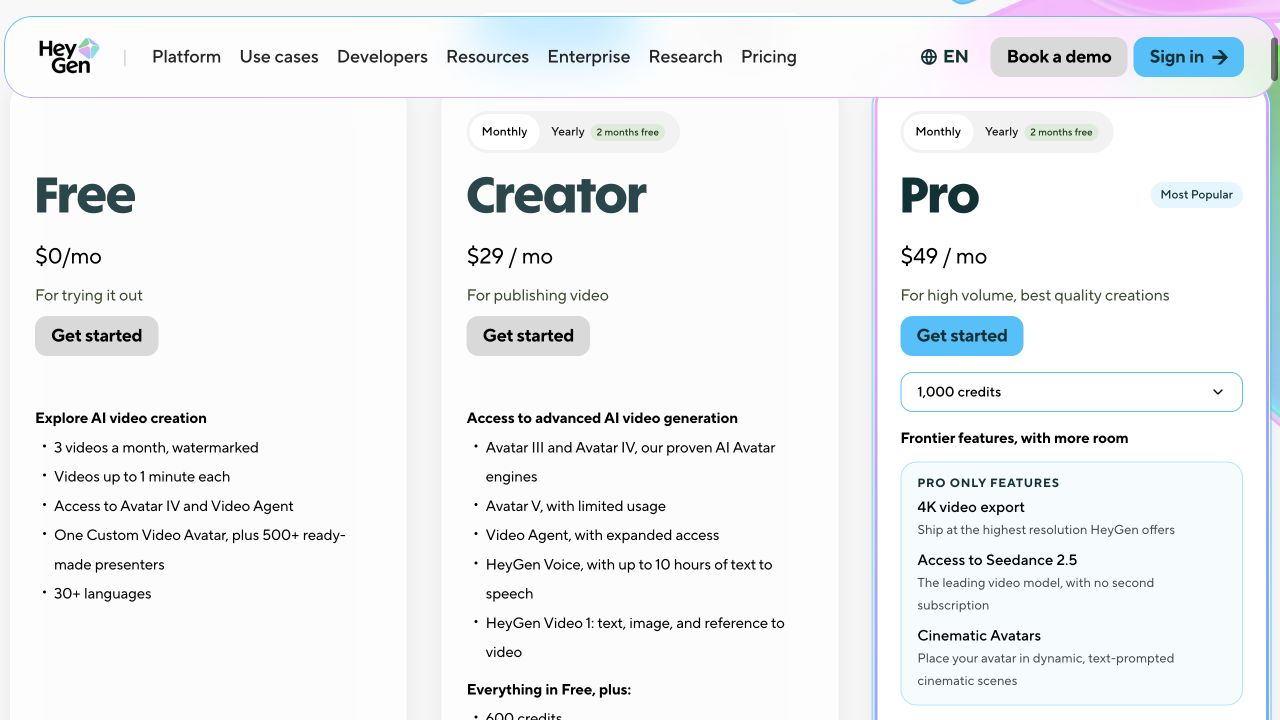 HeyGen official pricing captured on 2026-10-25, showing the free allowance, watermarked output and paid plan cards