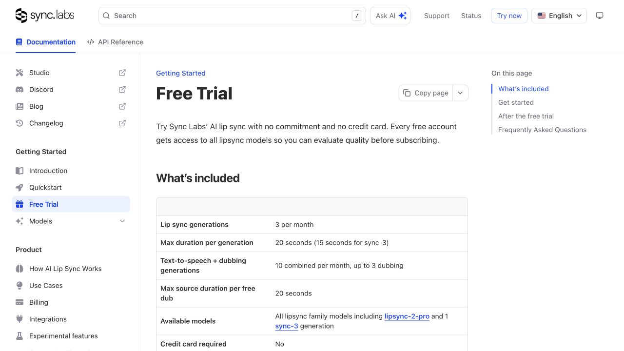 Sync official free-trial documentation captured on 2026-10-25, showing monthly limits, duration caps and no-card availability