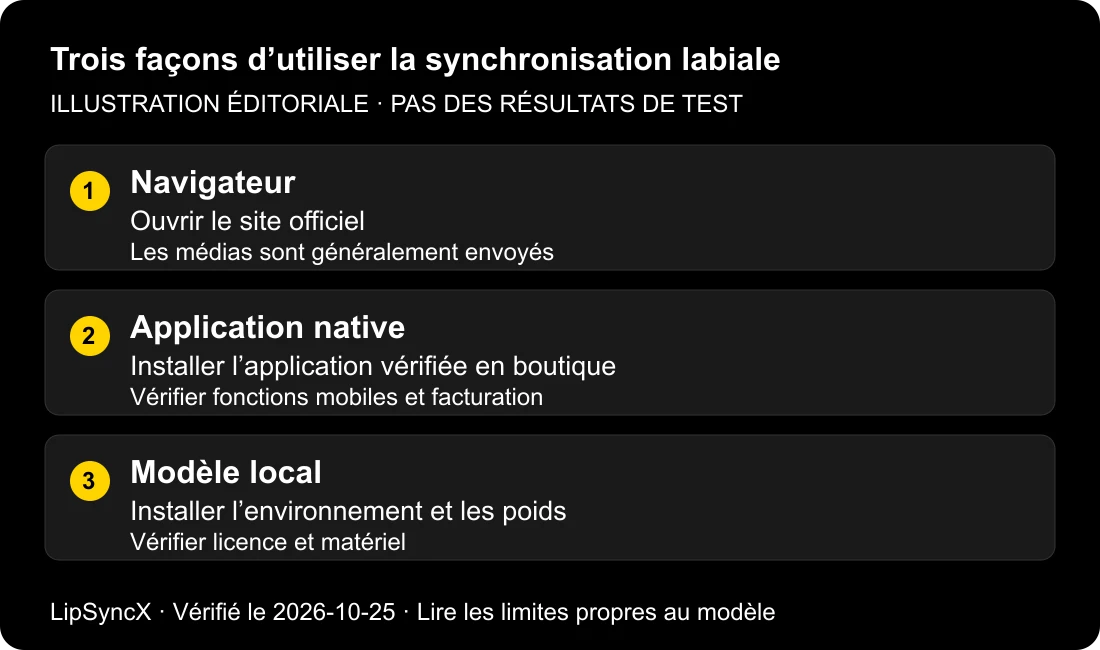Comparaison illustrative de l'accès par navigateur, des applications natives facultatives et d'un modèle installé en local