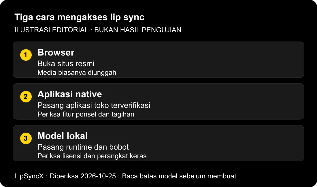 Perbandingan ilustratif akses browser, aplikasi native opsional, dan model yang dipasang secara lokal