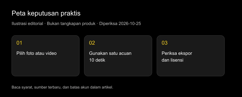 Peta keputusan: tentukan input, uji klip singkat, lalu periksa ketentuan ekspor