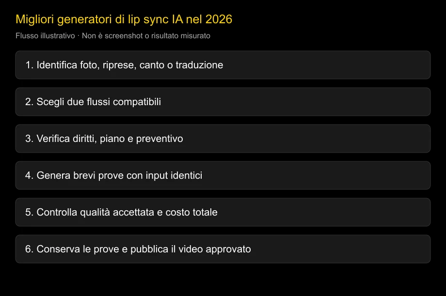 Percorso illustrativo per scegliere il flusso di lip sync; non è un risultato di benchmark