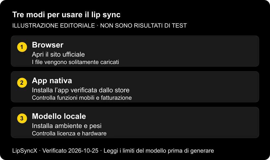 Confronto illustrativo tra browser, app native facoltative e modello installato in locale