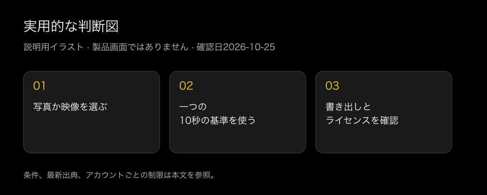 入力を決め、短い動画を試し、書き出し条件を確認する判断図