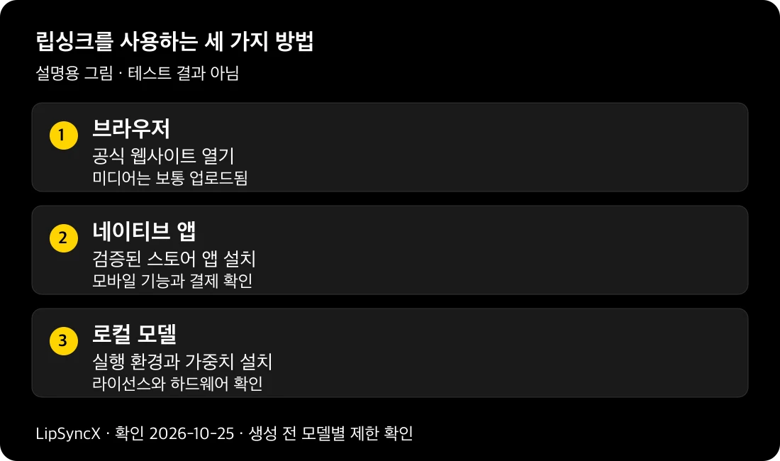 브라우저 접근, 선택형 네이티브 앱, 로컬 설치 모델을 비교한 설명용 그림