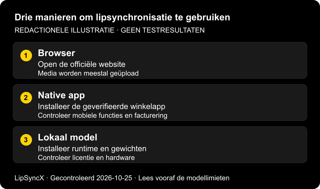 Schematische vergelijking van browsertoegang, optionele native apps en een lokaal geïnstalleerd model