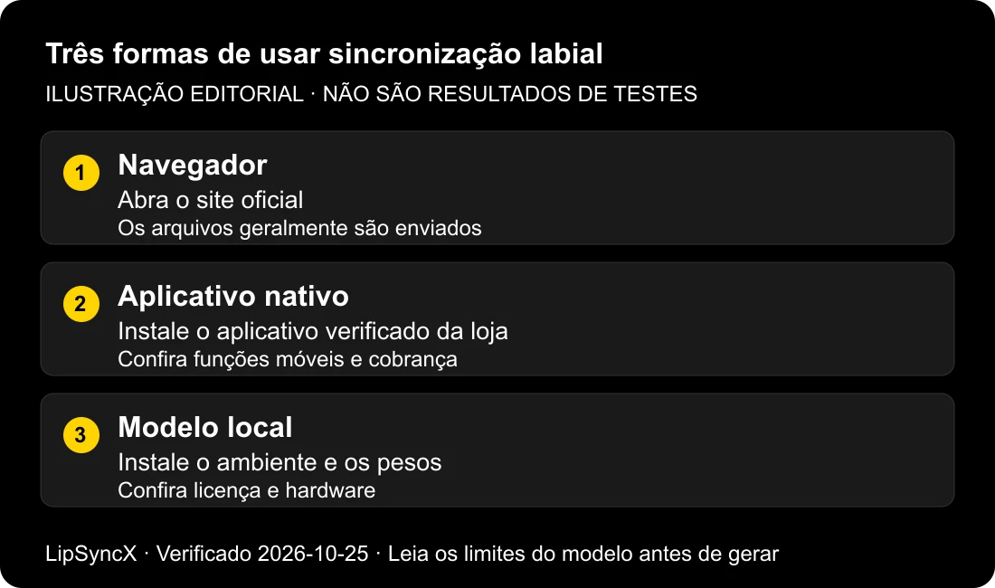 Comparação ilustrativa entre navegador, aplicativos nativos opcionais e modelo instalado localmente