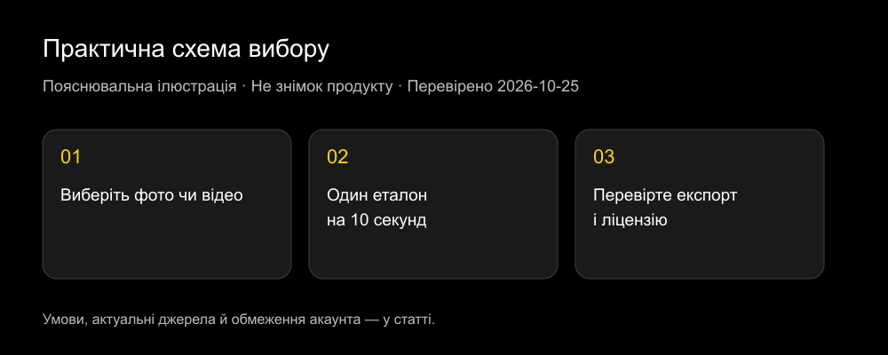 Схема: вибрати вхідні дані, перевірити короткий ролик та умови експорту