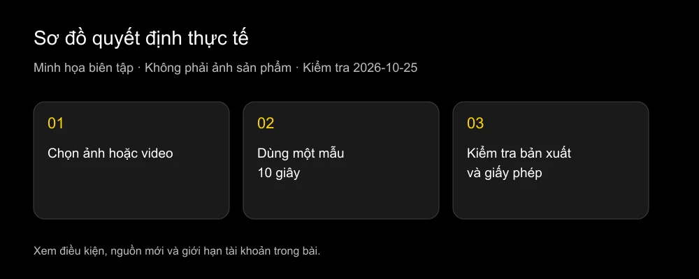 Sơ đồ: xác định đầu vào, thử clip ngắn rồi kiểm tra điều kiện xuất