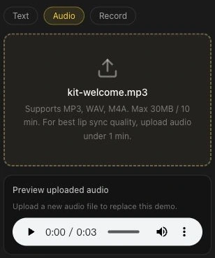 LipSyncX Audio mode with the Kit welcome recording loaded and its duration visible