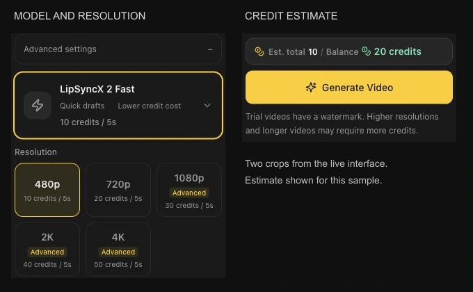 Live LipSyncX Advanced settings showing the selected Fast model, resolution options, and estimated generation credits